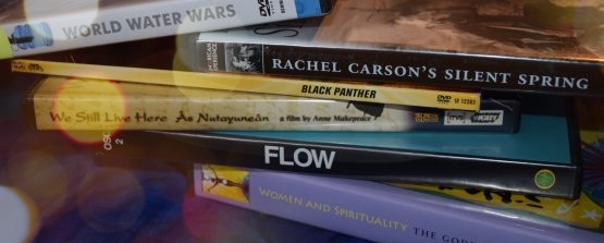 Banner image of a short pile of DVD covers of social justice and environmental documentary videos