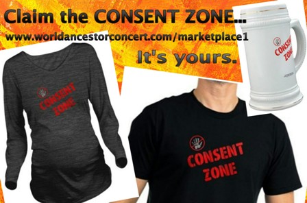 Composite image of 3 products with "Consent Zone" design, a maternity shirt, men's short sleeve shirt and a beer stein, promo content reads, "Claim the CONSENT ZONE...It's yours" along with the Marketplace Online Store web portal page URL 
