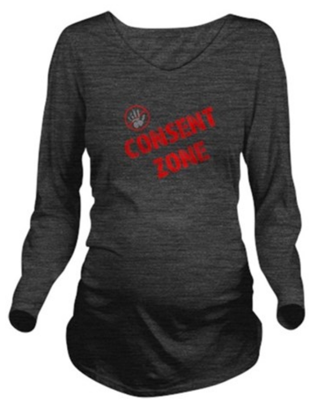 Consent Zone design on dark grey maternity shirt