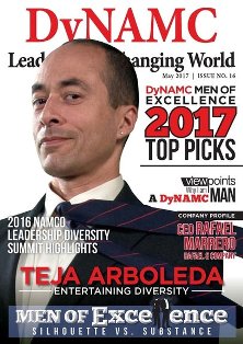Portrait of Teja Arboleda, superimposed over DyNAMC organizational magazine cover with title and, in part, text reading "Men of Excellence"