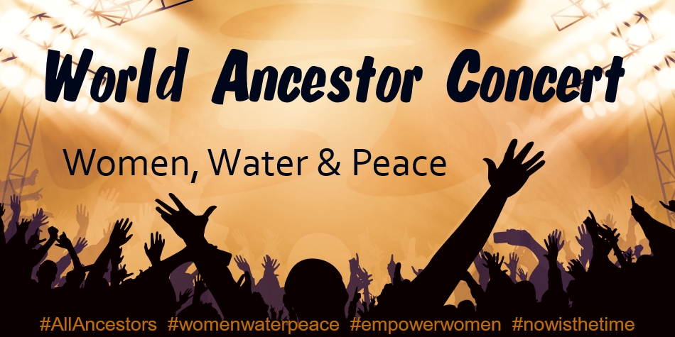 graphic of World Ancestor Concert promo banner image of concert with raised hands of concert-goers over warm, orange background of concert light, hashtags at bottom of image