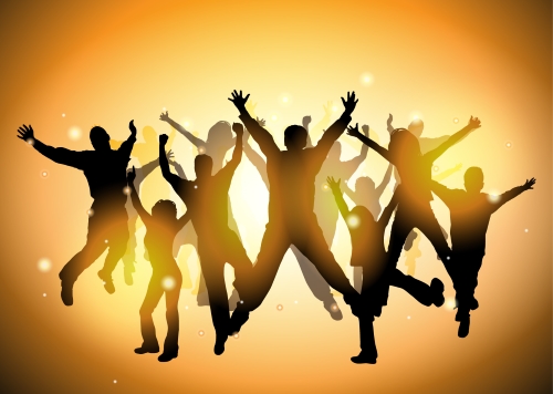 graphic image of numerous silhouettes of people jumping for joy against a gradated, glowy orange background