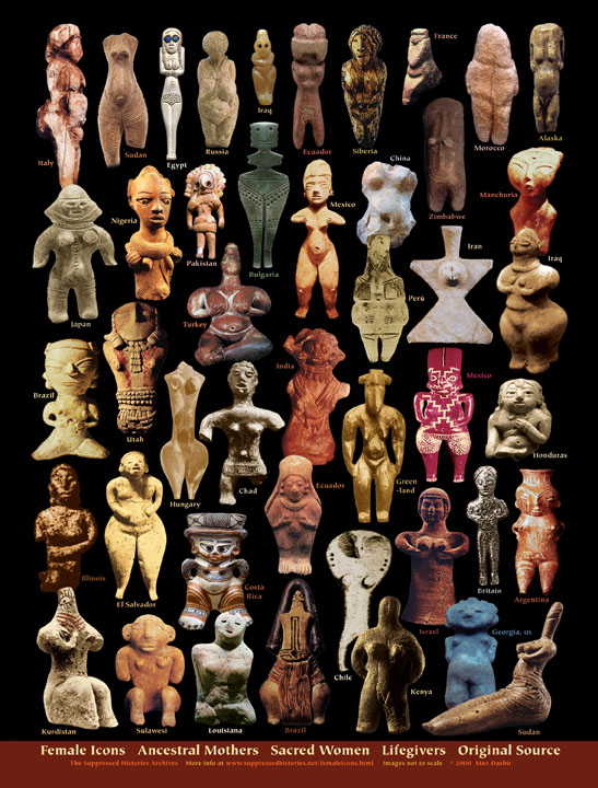 Max Dashu's "Female Icons" poster with numerous stone icons of feminine figures, (C) Max Dashu